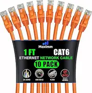 Maximm Cat 6 Ethernet Cable 1 ft (10-Pack) - High-Speed LAN Cable, Internet Cable, Patch Cable, and Network Cable - UTP, 10Gbps, 550MHz Ethernet Cord - Orange