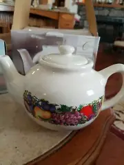 Cornucopia White Ceramic Teapot Fruit Pattern Pottery 48 oz. #2113 NIB