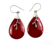 Red Leaf Tear Bali Indonesian 925 Solid Sterling Silver Earrings
