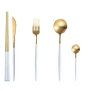OYIZER Gold With White Handles 5 Piece Cutlery Silverware