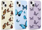 RUMDEY 3 Pack Aesthetic Butterfly Girls Woman Phone Case for Apple iPhone 13/14 6.1 inches, Matte Soft Slim Shockproof TPU Bumper Cover for iPhone 14 with Design, Blue&Purple&Beige