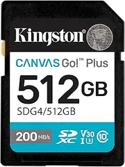 Kingston Canvas Go Plus SDXC Memory Card Gen4 200MB/s C10 UHS-I U3 V30 512GB-SDG4/512GB