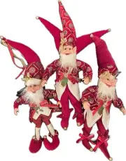 3PC SET - Christmas Handmade Holiday Posable Elves And Jester Figurines / Dolls