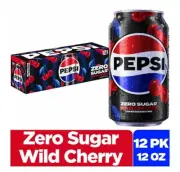 PEPSI WILD CHERRY Zero Sugar Soda Pop (1) 12 Pack of 12 oz Cans