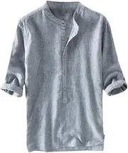 [Generic] Mens Long Sleeve T Shirts Pack Men Home Color Button Solid Half Sleeve Retro T Shirts Tops Blouse Men Long Sleeve Shirt
