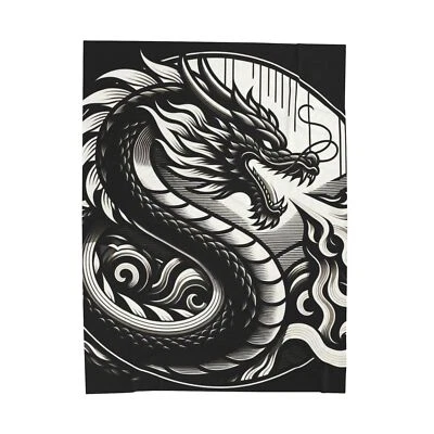 Velveteen Plush Blanket Fire-Breathing Dragon Art Deco Elegance Black White
