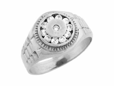 10k or 14k White Gold Round Mens CZ Ring with Halo and Engraved Details