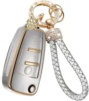 RXXR Car Key Case Cover Compatible with Audi A1 S1 A3 S3 RS3 A4 S4 RS4 A6 S6 RS6 Q2 Q3 Q7 TT TTS R8 Flip Silver Key Case Remote Protector for 3 Button key Car Key Fob Cover with Bling keychain