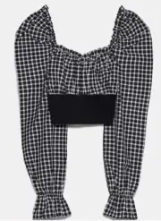 ZARA Top Gingham Crop Elastic Gathers Checks Black White Size Medium New NwT gyu