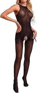 [FiwoXam] Women's Bodysuits Pantyhose Bodystocking Silky Sheer Jumpsuits Crotchless Body Stocking Lingerie, Black