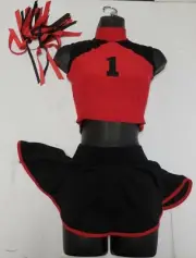 Cheerleader #1 Dance Costume 2 pc Crop Top & Skirt w/Trunks Hair Ribbon Fringe