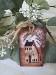Primitive Cream Salt Box House and Willow Tree Tags