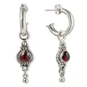 .925 Sterling Silver Garnet Gemstone 45mm Teardrop Round Hoop Post Earrings