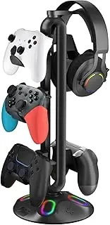 Gaming RGB Headphone Stand, AnnuoYi Controller Holder with 9 Light Modes - Headset Stand with 2 USB Charging Ports and 3.5mm & Type-C - Controller Stand Hanger Accessories for Desk and Gamer