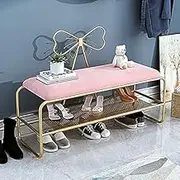 Modern Creative Metal Mesh Velvet Upholstered Shoe Rack Bench Shoe Changing Stool for Living Room Bedroom Entryway Hallway-Pink(Bow) 80x45x35cm(31x18x14inch)