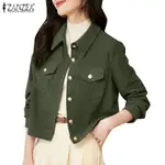 ZANZEA 女式韓版休閒翻領口袋長袖純色夾克