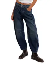 Free People We The Free Good Luck Mid Rise Barrel Jeans in Deep End