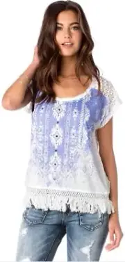 NWT MISS ME Living In A Dream Fringe Top Shirt S M MDT1241S Women's Lace Blue