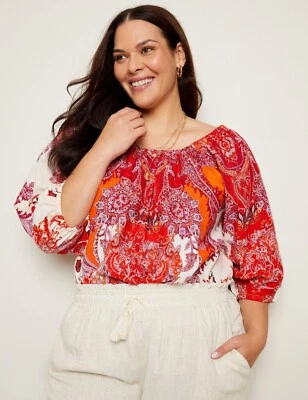 BNWT Size 22 AUTOGRAPH Peasant Top Tequila Sunset Red Orange Off Shoulder