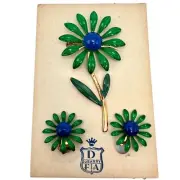 Vintage DuBarry Fifth Ave Metal Enamel Green Blue Daisy Flower Pin Earrings Set