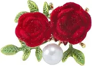 [Generic] Rose Pearl Brooch Pin Fall Winter Fluffy Rose Flower Green Leaf Pearl Lapel Pin for Women Men Dainty Rose Floral Party Wedding Hat Bag Suit Dress Accessories Jewelry, Zinc, no gemstone
