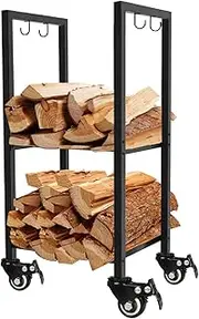 2 Tiers Small Firewood Log Storage Rack Holder with Wheels for Indoor Fireplace or Outdoor Patio, Black