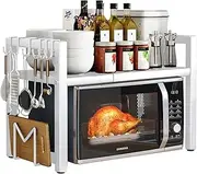 Expandable Microwave Oven Rack 2 Tier microwave shelf,with 6 hooks Adjustable Carbon Steel Microwave Shelf,Kitchen Counter Organizer Shelf Stand,Pot Pan Grill Storage Racks, Width 40-64cm white