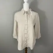 NEW Chicos $89 Beige Linen Shirt Size 0 or Small Button Front 3/4 Sleeve Top