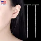 Women 925 Sterling Silver Earrings Simple T Style Tassel Threader Ear Chain 1960