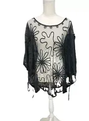 Pretty Angel Black Silk blend Sheer Embroidered Mesh Top Batwing Sleeves O/S