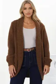 Blair Cardigan - Chunky Open Front Knit Cardigan with Pockets in Tan