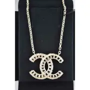 Chanel 22C Gold Metal Crystal Cuban Chain Link CC XL Logo Pendant Necklace