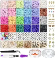 UKKQES 6000 Pcs Bracelet Making kit，24 Colors Flat Round Polymer Clay Beads 6mm Spacer ，Heishi Beads with Charms and Elastic Strings Letter Beads for Jewelry Making Kit & Craft Supplies