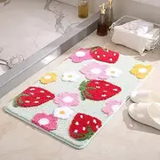 LIKETN Soft Cozy Strawberry Bathroom Rugs Bath Mat Cute Doormat Non Slip Absorbent Washable Shaggy Bedroom Durable Thick Plush Door Mats Bathtub Shower Bath Rug for Girls (17.7" X 25.6", Green)