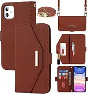 Cavor Crossbody Wallet Case for iPhone 11 Case (6.1") Flip Cover Magnetic Leather Women Handbag Card Slots Holder Zipper Kickstand Purse with Detachable Shoulder Necklace Lanyard Strap-Brown