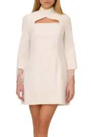 Aidan Mattox High Neck Cutout Front Feather Trimmed A-Line Crepe Cocktail Dress