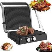 Electric Panini Grill Press, 2000w Electric Panini Steak Machine, Opens 180 Degrees and Adjustable Temperature Control, with Non-Stick Reversible Plates, Hidden Sauce Collection Bowl