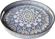 Zosenley Round Decorative Tray, Marbling Plastic Tray with Handles, Modern Vanity Tray and Serving Tray for Ottoman, Coffee Table, Kitchen and Bathroom, Size 13 INCH (Blue Purple Pattern)