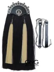 Men's Scottish Antique StageHead Badge Black Horse Hair Sporran Two White Tassel