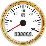 APTPKGDFDK 85mm Tachometer 3000RPM with Hour Meter Truck Car Boat Diesel Engine Tacho RPM Meter Gauge REV Counter with Backlight Temperature Meter(Gold White 3K RPM)