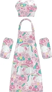 AIXIWAWA Kids Apron Chef Hat Set, Child Kitchen Bib Aprons Adjustable for Cooking Baking Painting (Cute Unicorn Rainbows)