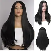 Fashion Fitoor 32-Inch Black Synthetic Hair Wig for Women with Straight Bangs – Sleek, Natural Style for Daily Use