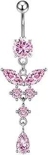 [COLORFUL BLING] 14G Dangle Butterfly Belly Button Rings,Stainless Steel Belly Rings,925 Sterling Silver CZ Opal Belly Body Piercing Jewelry for Women