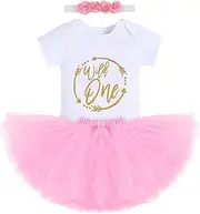 [IBTOM CASTLE] Baby Girls 1st Birthday Cake Smash 3pcs Outfits Set Cotton Romper Bodysuit+Tutu Dress+Flower Headband Princess Skirt Clothes