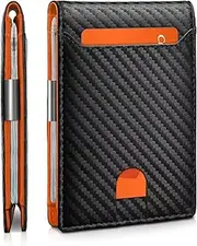 [CPDES] Slim Wallets for Men,Credit Card Holder with RFID Blocking for,Carbon Fiber Leather Money Clip with 12 Credit Card Holders,ID Window,Minimalist Bi-Fold,Gift Box (Carbon Black and Orange)
