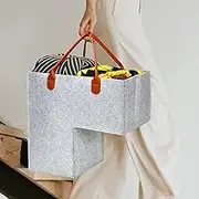 Stair Basket with Leather Handles Felt L-Shape Stair Step Bin Space Saving Staircase Storage Organizer(Light Grey)
