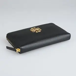 【TORY BURCH】TORY BURCH Britten鏤空金字LOGO小牛皮10卡拉鍊長夾(黑/附鍊帶卡夾)