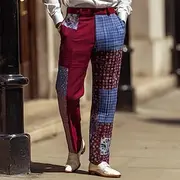 Men's Color Block Patchwork Dress Pants Trousers Suit Pants Mid Waist Ethnic Vintage Retro Outdoor Vacation Regular Fit Flat-Front Straight Leg Pants with Pock