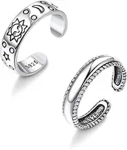 [Milacolato] 2 Pcs Sterling Silver Toe Ring for Women Adjustable Band Rings Sun Moon and Star Knuckle Rings Foot Jewelry Minimalistic Pinky Rings