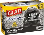 Glad ForceFlex Extra Wide Drawstring Garbage Bags, Fits 56L Bin, 20 count